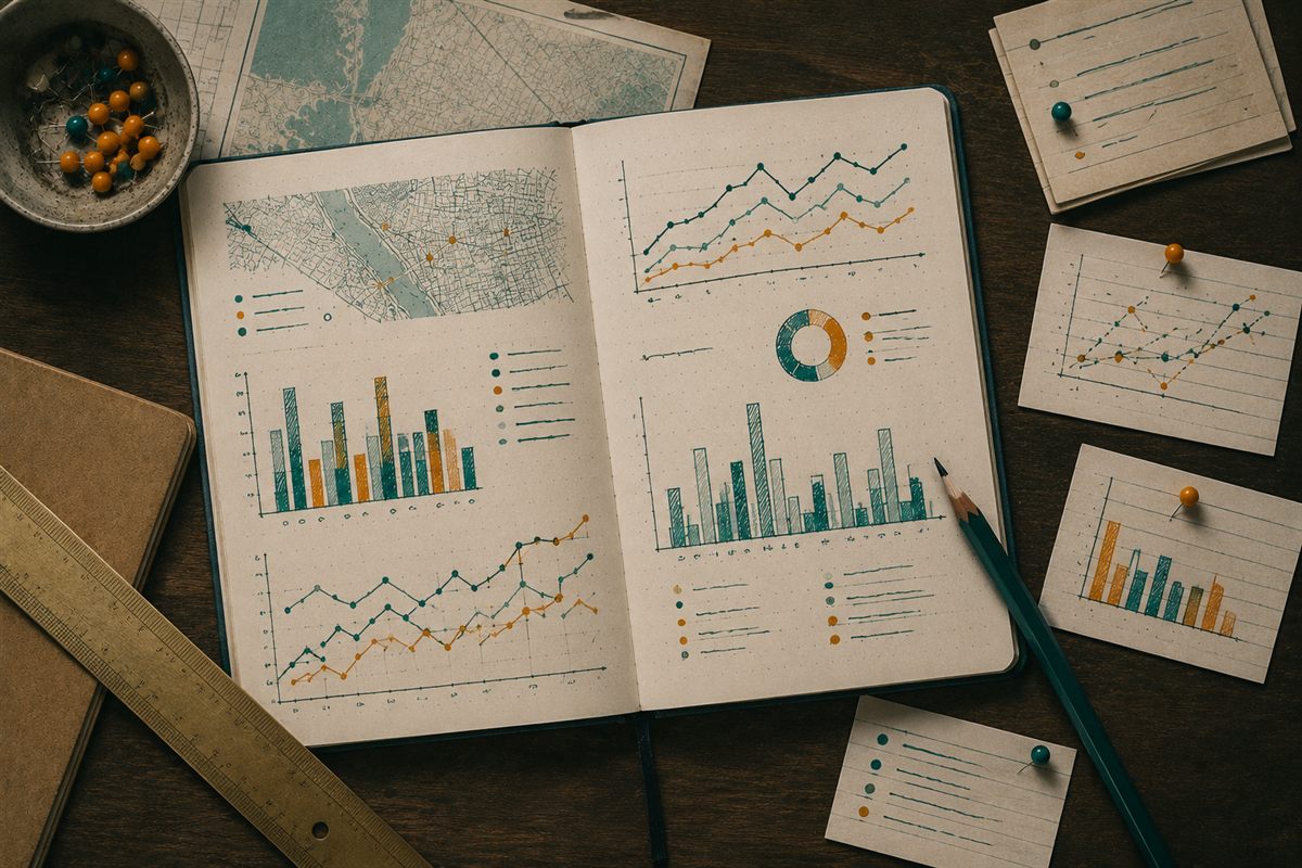 A notebook filled with hand-drawn charts