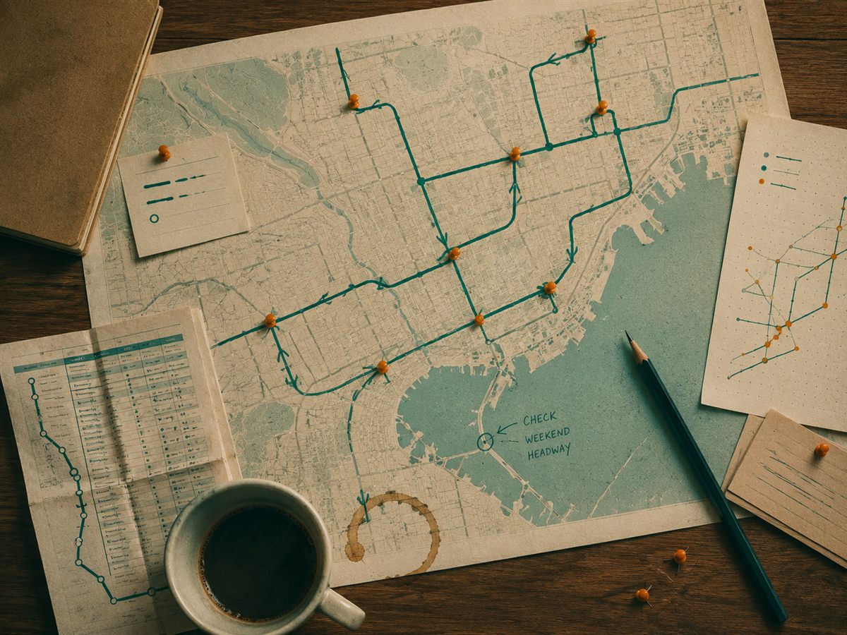 A transit map marked with routes and pushpins
